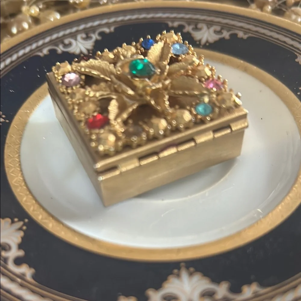Vintage Gold & Rhinestone Pill Box